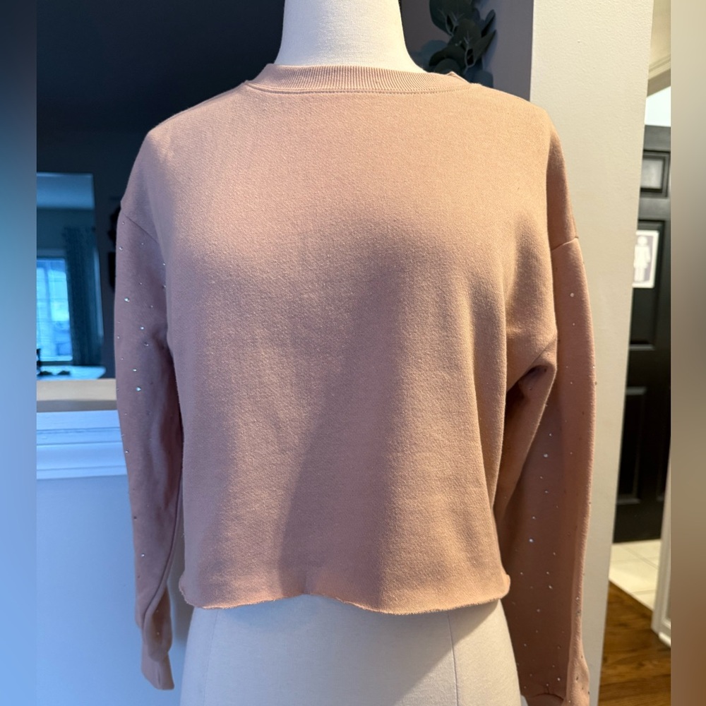 New Goodie Two Sleeves tan cropped studded sweatshirt XS